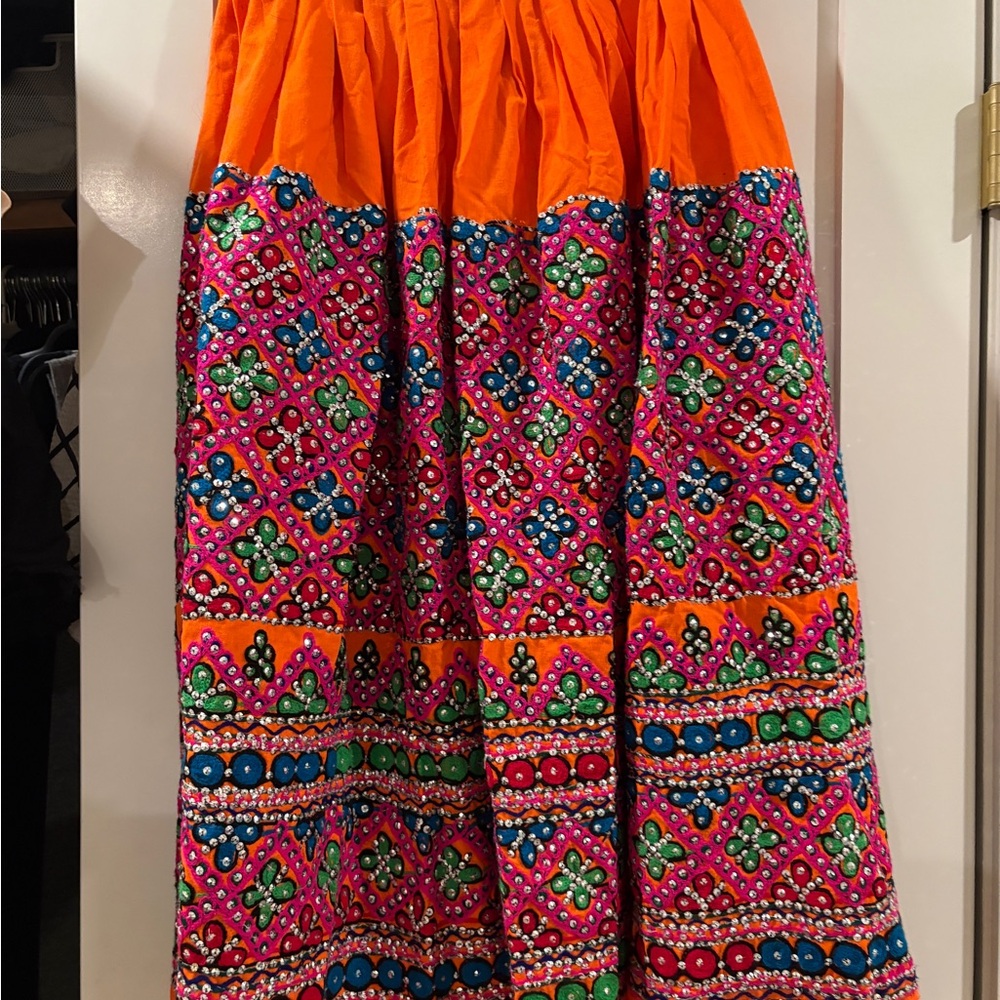 Embroidered Pink & Orange Circle Skirt with Multicolor Detail